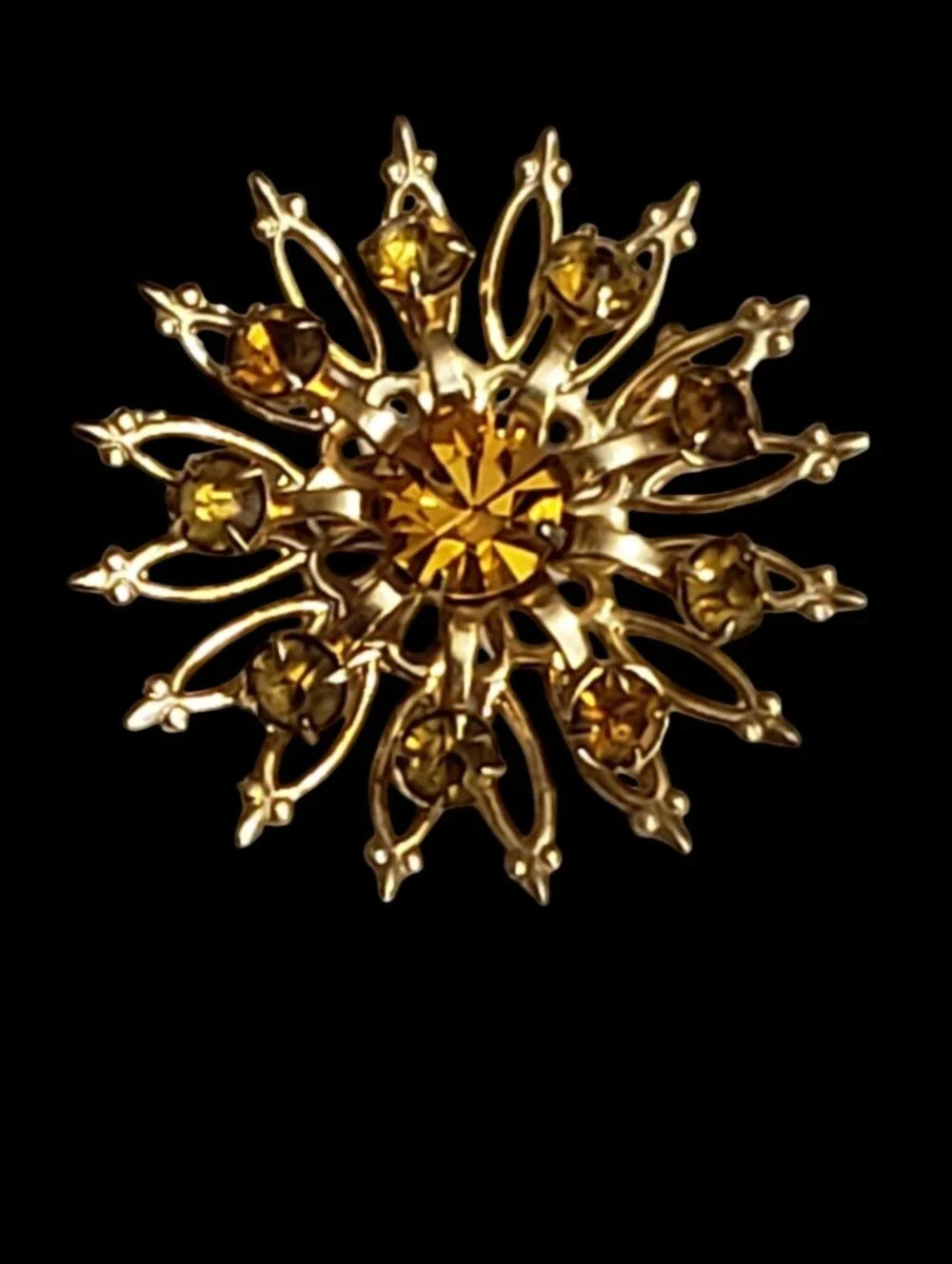 Vintage Coro Sunburst Brooch Pin Amber Gold Tone